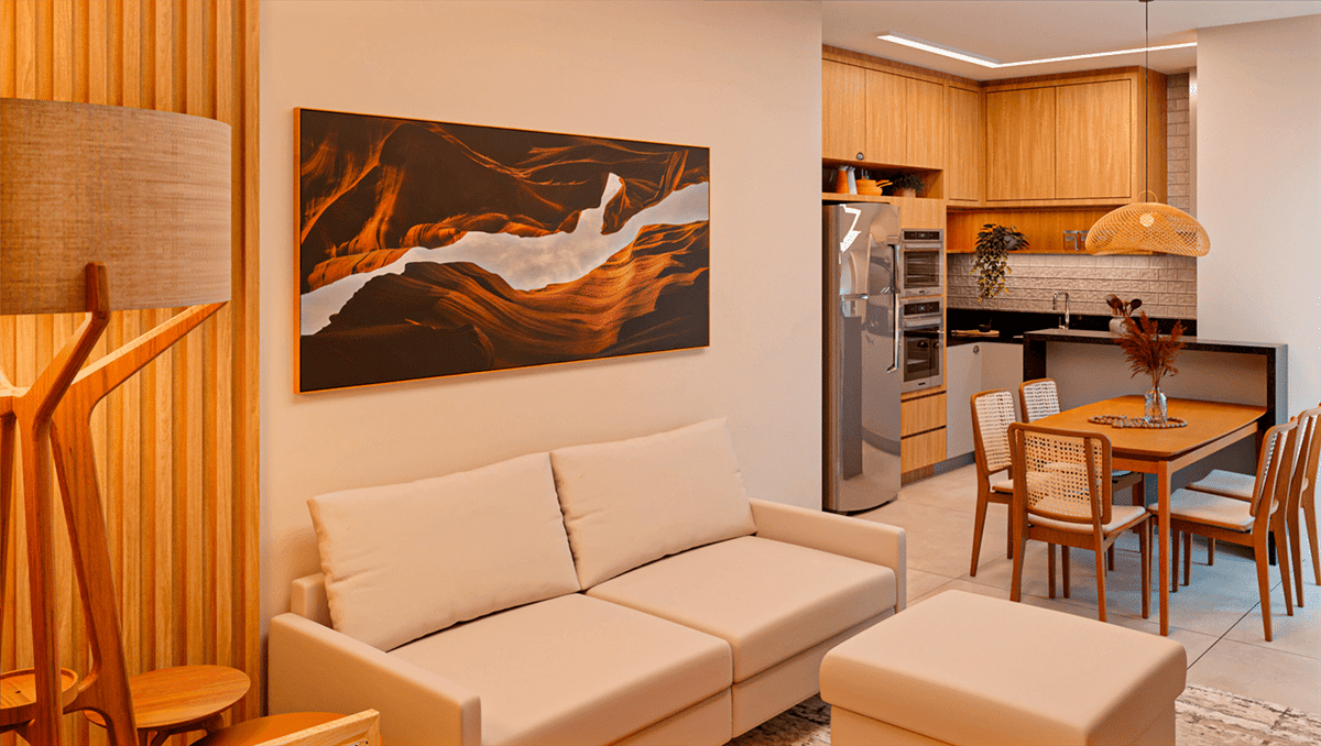 Imagem de sala de estar e cozinha