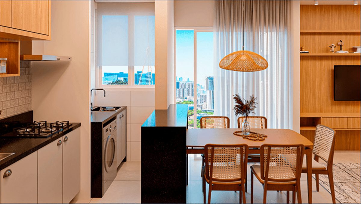 Imagem de sala de estar e cozinha